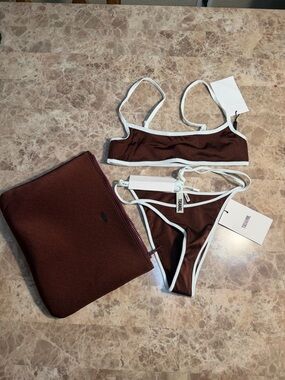 triangl swimwear Brown Bikini Set with White Trim and Matching Pouch